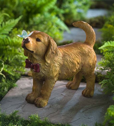 Golden Retriever Puppy With Solar Butterfly Garden Statue Plow