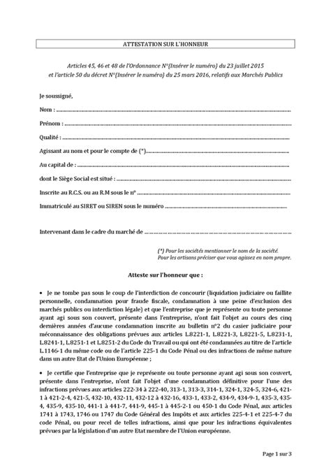 Modèle d attestation sur l honneur DOC PDF page 1 sur 3