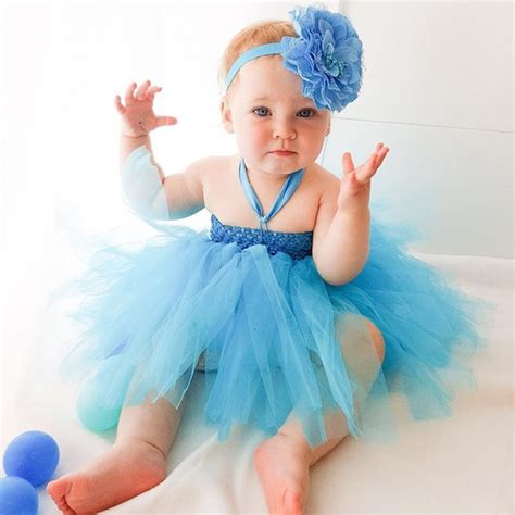 Princess Blue Baby Tutu Dress With Flower Headband Baby First Birthday