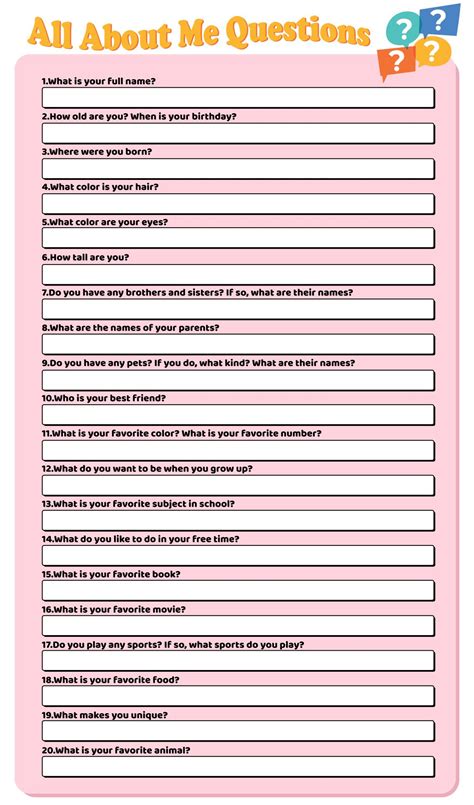 All About Me Questions Free Printable