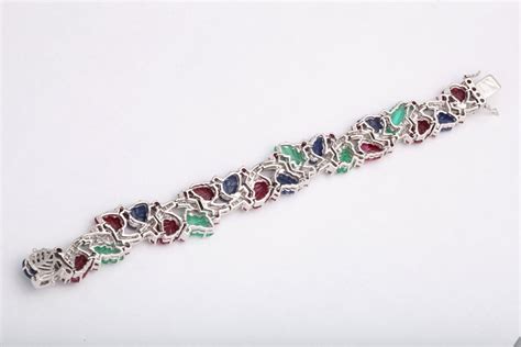 Tutti Fruiti Carved Emerald Sapphire Ruby Leaves Diamond Bracelet For