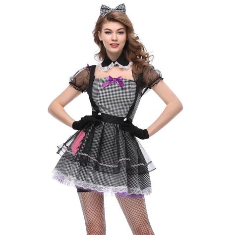 Blackand White Plaid Lolita Sexy French Maid Costume Cosplay Fancy Dress
