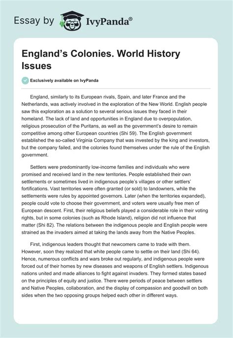 Englands Colonies World History Issues 627 Words Essay Example