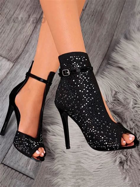 Women Fashion Sequins Pointed Toe Roman Heeled Boots Black Party High Heels Thin Heel 115cm