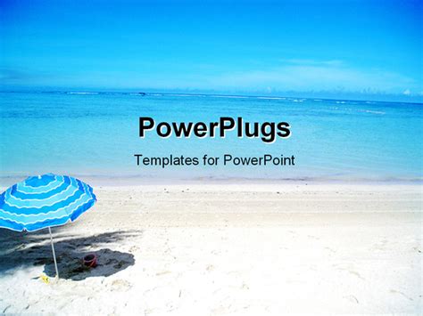 Powerpoint Template Scenery Of Beautiful Beach With Cute Blue Umbrella