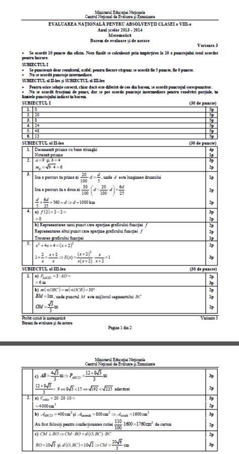 Eduro Evaluare Nationala 2014 Matematica Subiecte Si Barem De
