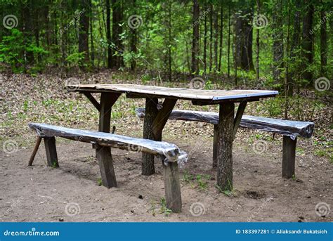 Wooden Picnic Table In The Forest Stock Image Image Of Tourism Leaf 183397281
