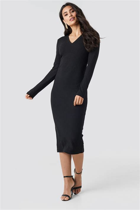 V Neck Ribbed Midi Dress Zwart Na