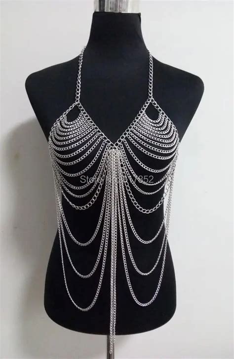 new arrival wrb48 women sexy silver plated chains layers harness bra chains jewelry 3 colors in