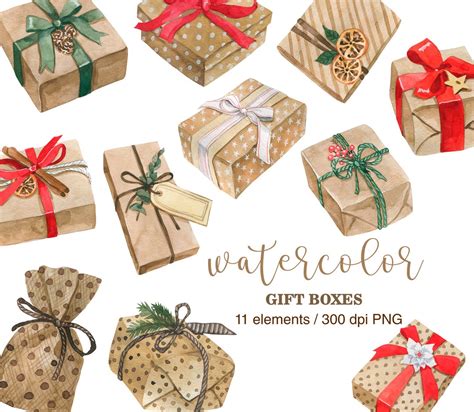 Watercolor T Box Clipart Png Christmas Presents Craft Etsy