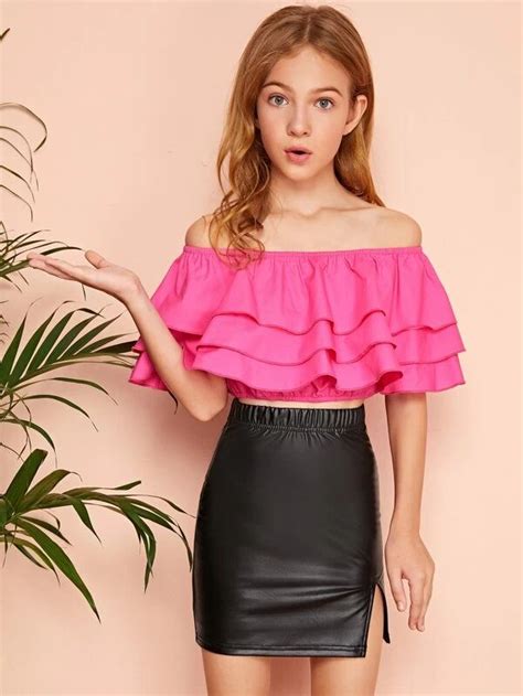 Girls Neon Pink Layered Ruffle Bardot Top And Pu Skirt Set Shein Usa Pakaian Gadis Model
