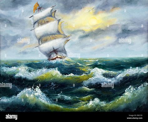 Original Oil Painting Of Sailing Ship And Sea On Canvasstoem In Ocean