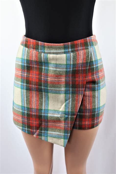 Asymmetric Plaid Skort High Waisted Multi Color Wrap Plaid Skort