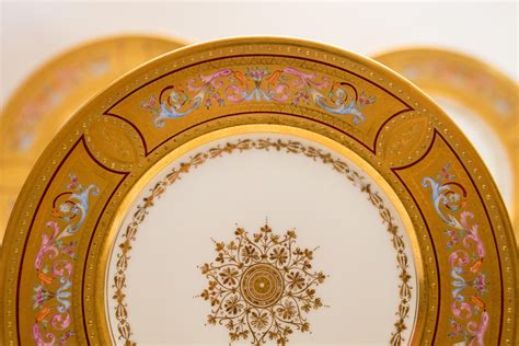 12 Elaborate Multi Color And Gilt Encrusted Antique Dessert Plates