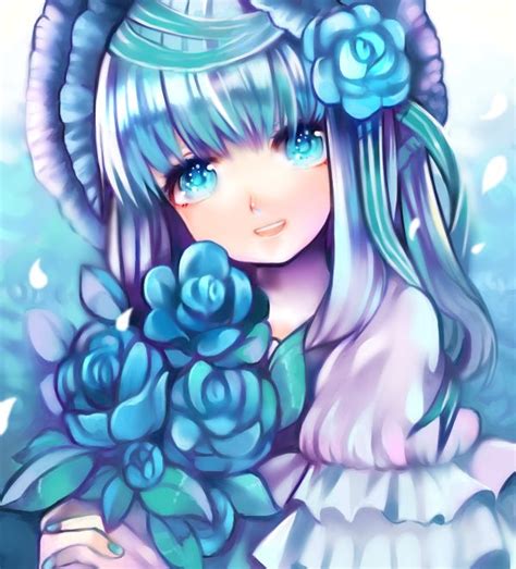 Anime Girl With Blue Flowers Pretty Anime Style Pics