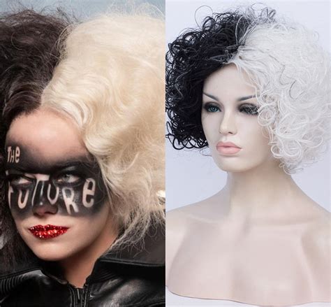 women nicat cruella deville wig cosplay costumes with future mask half black and white wig for