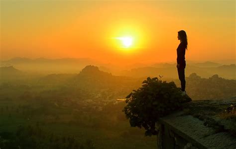 Hd Wallpaper Girl Mountain Sunrise Woman Looking