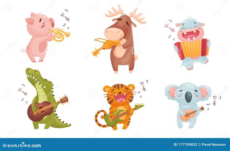 Cartoon Animals Playing Musical Instruments With Crocodile Playing