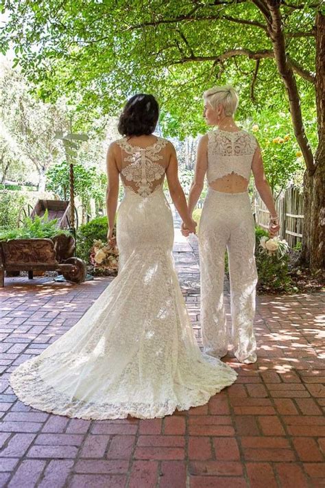 Cute Lesbian Wedding Outfits Lace Dress And Open Back Two Piece