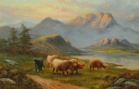 Daniel Sherrin Highland Cattle In A Mountainous Loch Landscape