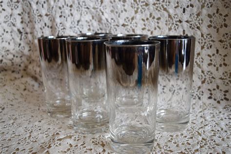 Vintage Silver To Clear Drinking Glasses Set Of 6 1960s Bar Glasses Farmhouse Decor Kitchen