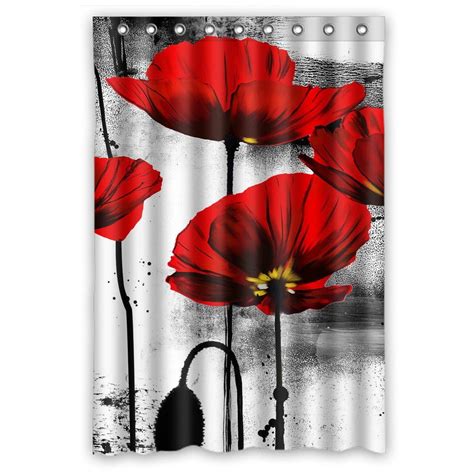 Gckg Vintage Red Poppy Flower Bathroom Shower Curtain Shower Rings