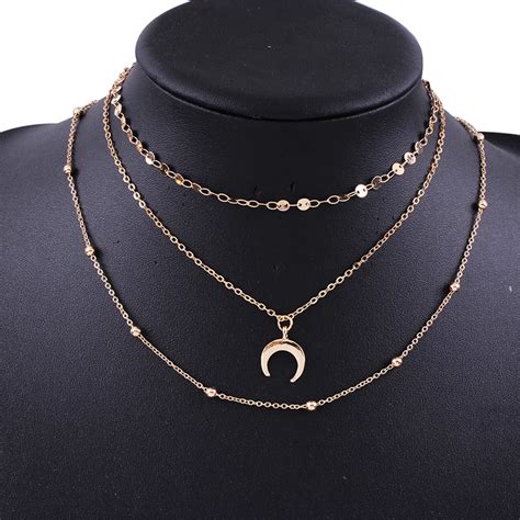 Solememo Fashion Bohemian Moon Pendant Multilayer Necklace Gold Color Sequins Beads Chain