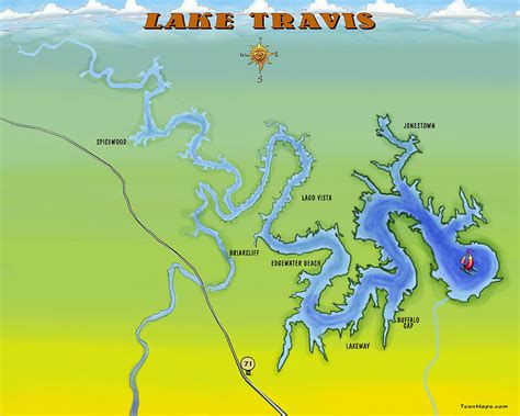 Lake Travis Texas Cartoon Map Digital Art By Kevin Middleton