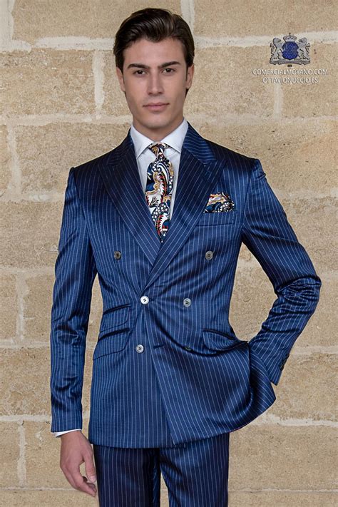 Italian Bespoke Royal Blue Pinstripe Double Breasted Suit Blue