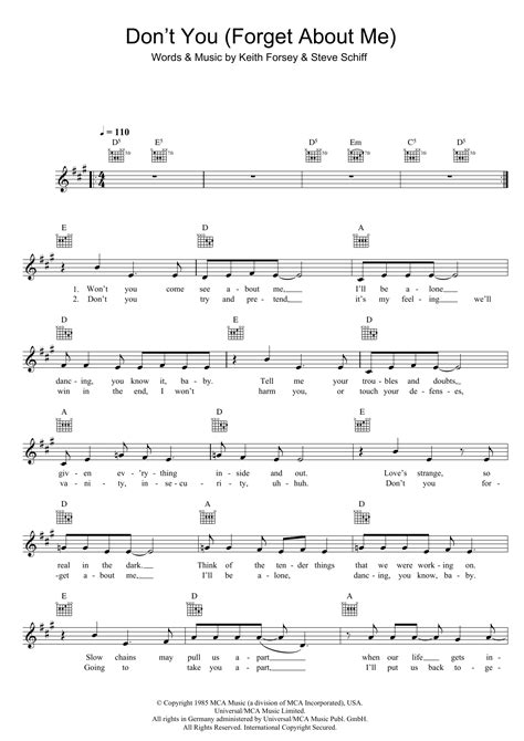 Dont You Forget About Me Sheet Music Simple Minds Lead Sheet