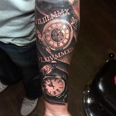 Very Realistic Looking Black And White Various Pocket Clocks Tattoo On
