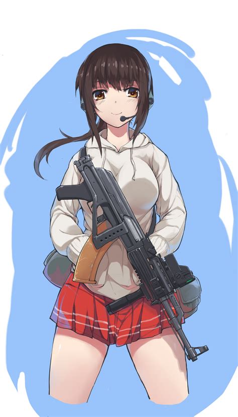 safebooru 1girl ak 47 assault rifle brown eyes brown hair gun hands in pockets hoodie long