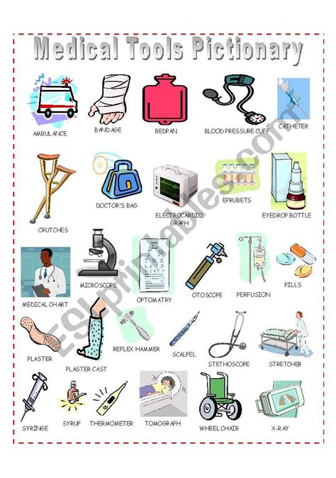 English Worksheets Medical Tools Pictionary