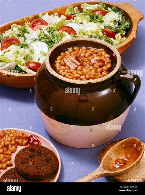 1950s Brown Pottery Crock Of Boston Baked Beans Green Salad Brown Bread Wooden Spoon Cooked On