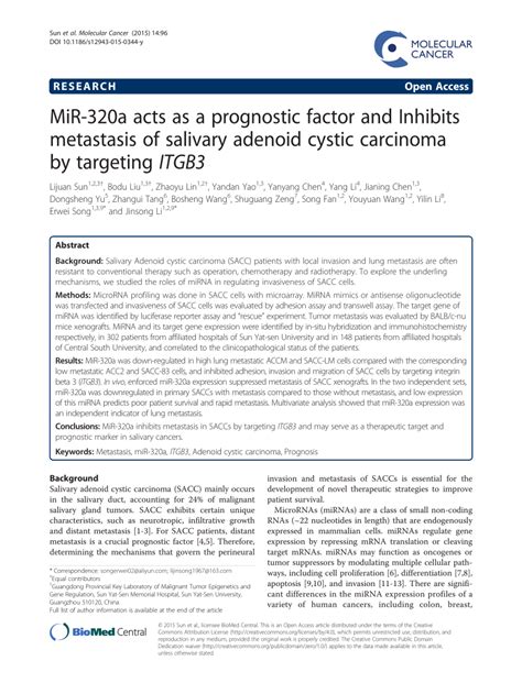 pdf mir 320a acts as a prognostic factor and inhibits metastasis of salivary adenoid cystic