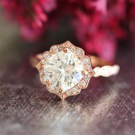 14k Rose Gold Moissanite Engagement Ring Vintage Floral Ring Scalloped