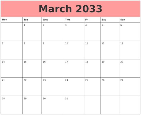 March 2033 Calendars That Work