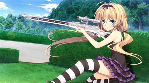 blonde hair blue eyes dress effordom soft game cg gun headband jyukishi cutie bullet long hair