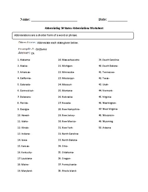 Abbreviations Worksheets State Abbreviations