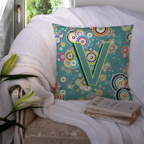 Letter V Circle Circle Teal Initial Alphabet Fabric Decorative Pillow
