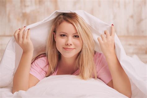Beautiful Woman Waking Up In The Bed Stock Image Image Of Lifestyle Covering 49189293
