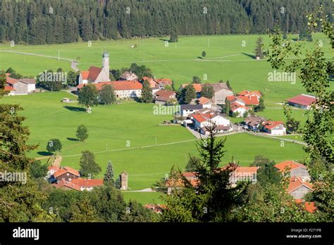 Bavarian Village Farm Houses Rolling Green Meadows And Trees In
