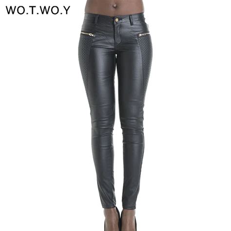 wotwoy skinny vintage pu leather pants women pleated multi zippers stretch black leather