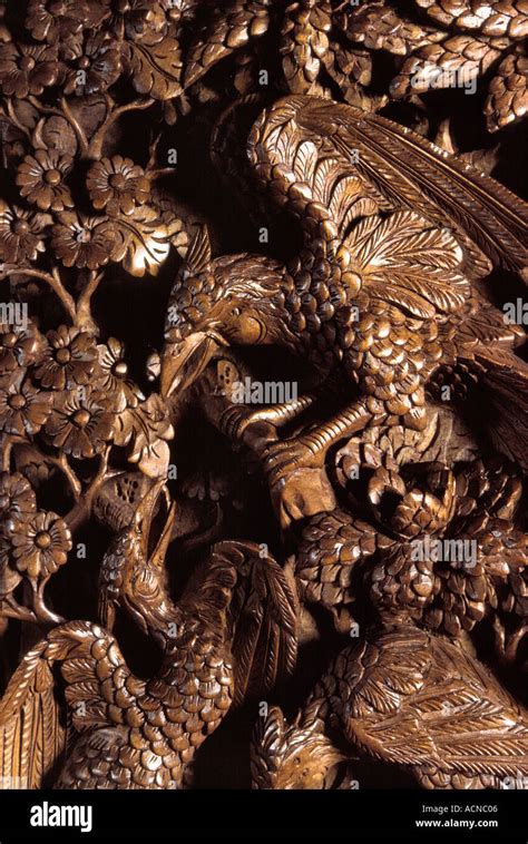 Indonesia Bali Craft Wood Carving Detail Of Carved Wooden Panel Stock