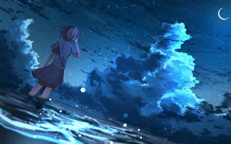 Wallpaper Girl Anime Wind Night Stars Art Hd Widescreen High