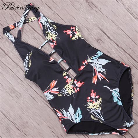 Biseafairy New 2019 Sexy One Piece Swimsuit Female Printed Floral Halter Bandage Brazilian
