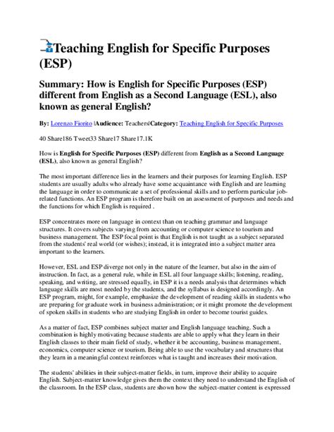 Doc Teaching English For Specific Purposes Esp Summary How Is English For Specific Purposes