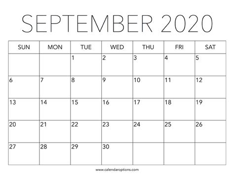 Printable September 2020 Calendar Calendar Options