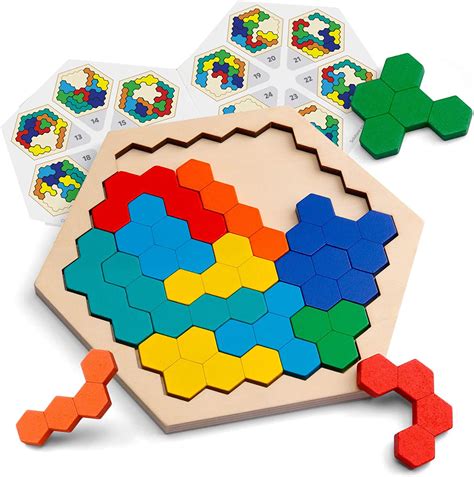 Wooden Hexagon Puzzle For Kid Adults Shape Pattern Block Tangram Brain