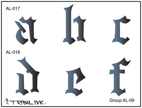 Airbrush Tattoo Stencil Set Old English Alphabet Lower Case Large 09